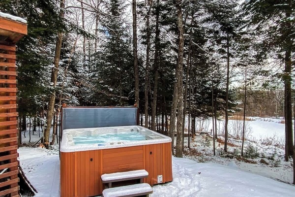 Relax and enjoy the private hot tub amidst the snow-covered trees.