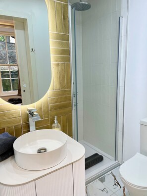 Regadera, secadora de cabello, toallas, papel de baño