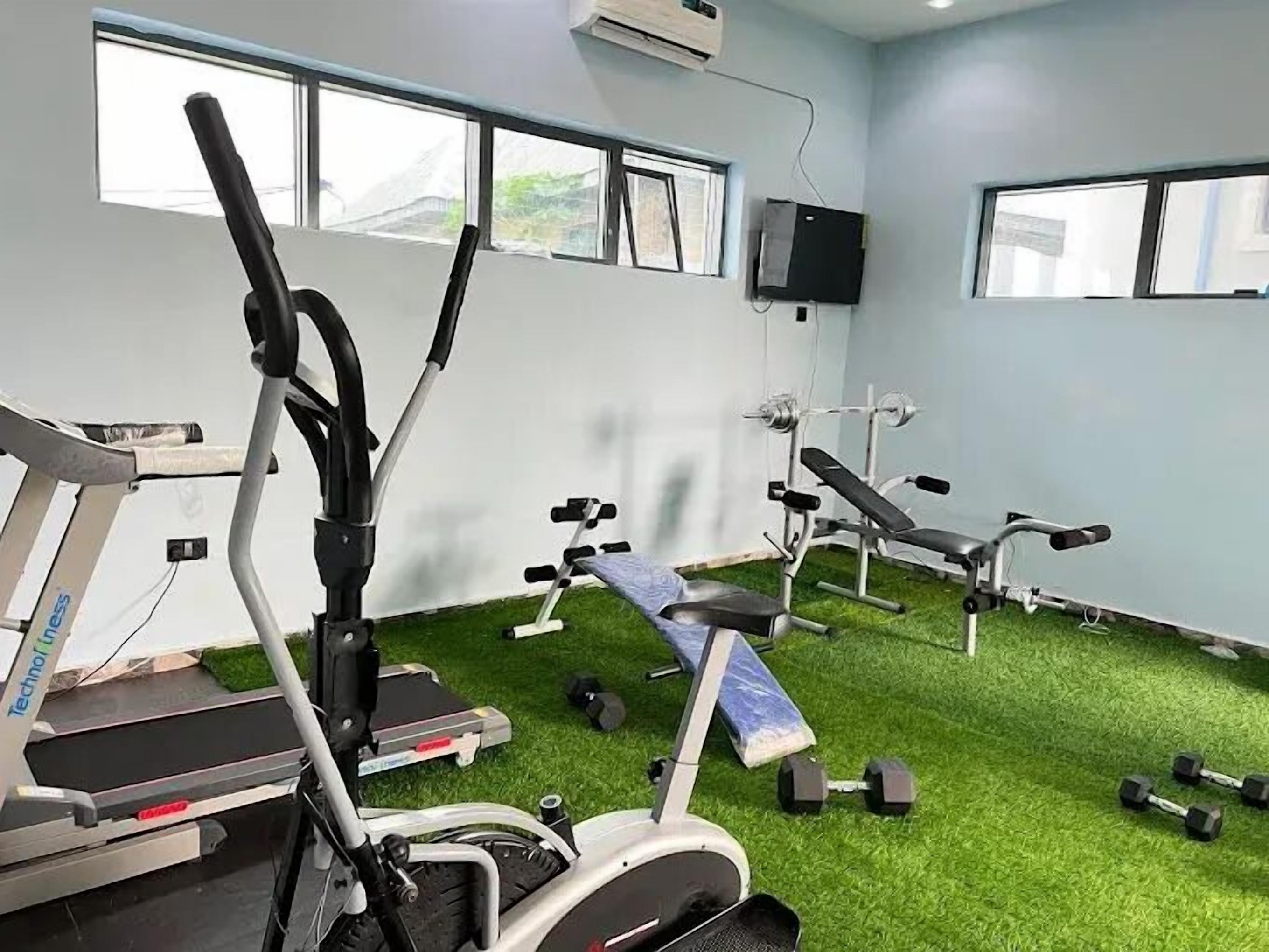 Gimnàs amb equipament d'exercici, incloent cintes de córrer i aparells de musculació, sobre un terra verd.