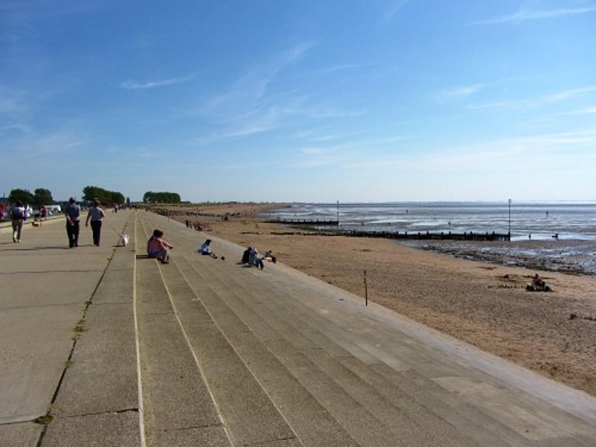 A concrete promenade with a beach on one side and a row of trees on the other.