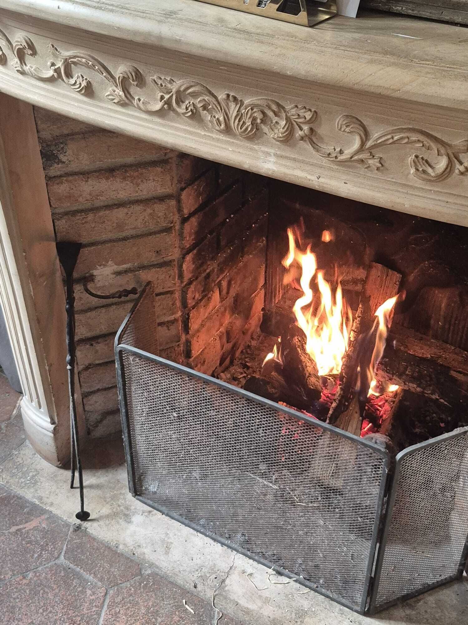 Un caminetto con una griglia metallica e un fuoco acceso all'interno.
