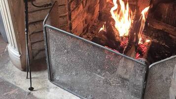 Un caminetto con una griglia metallica e un fuoco acceso all'interno.