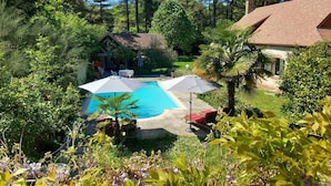 A swimming pool surrounded by lush greenery, with a house in the background and a patio area with umbrellas.
