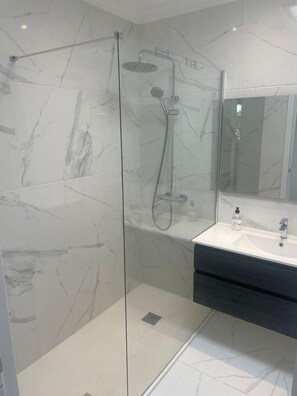 Shower, hair dryer, towels