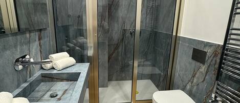 Shower, hair dryer, bidet, towels