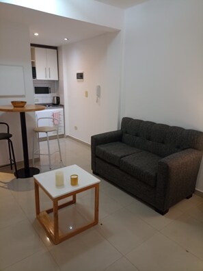 A compact living space with a kitchenette, a gray sofa, a small wooden table, and a chair.