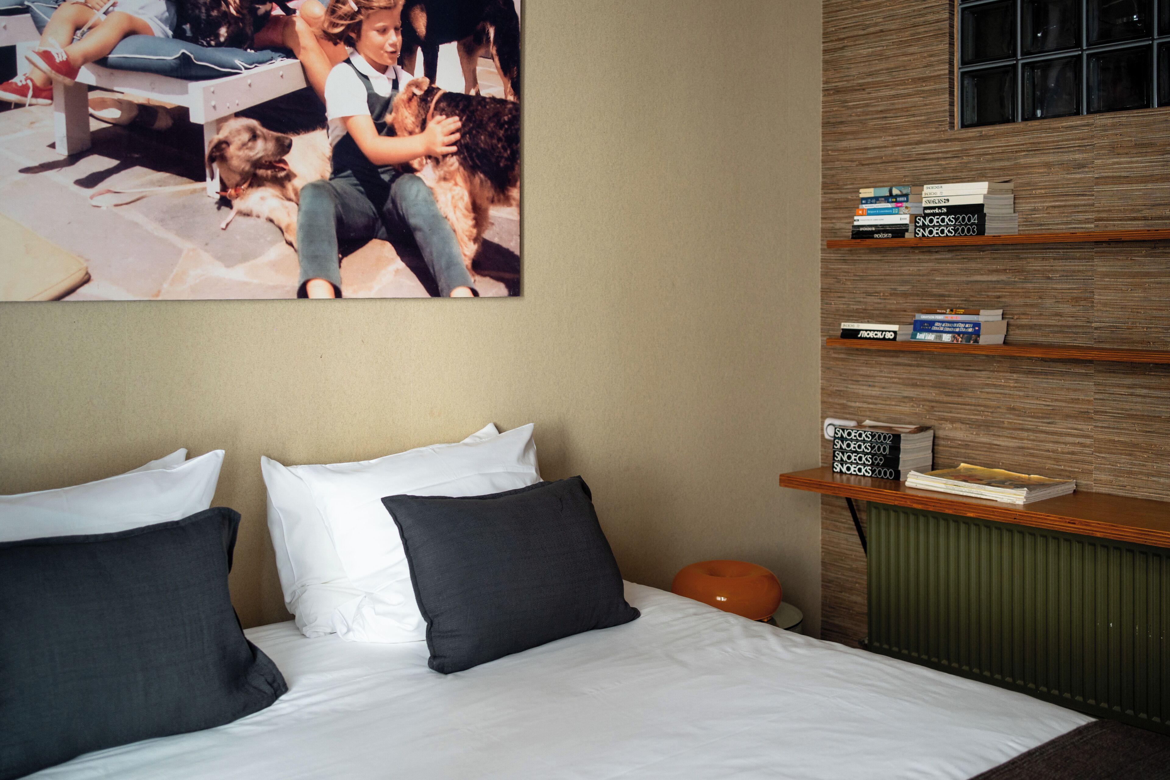 Una camera d'albergo con un letto, cuscini, una mensola a parete con libri e un quadro incorniciato sopra il letto.