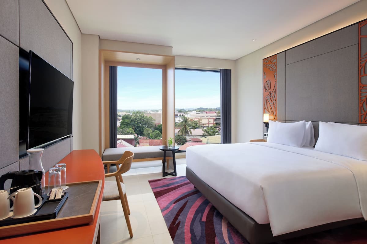 A hotel room with a large bed, a flat-screen TV mounted on the wall, a desk with a coffee maker, and a view of the city through large windows.