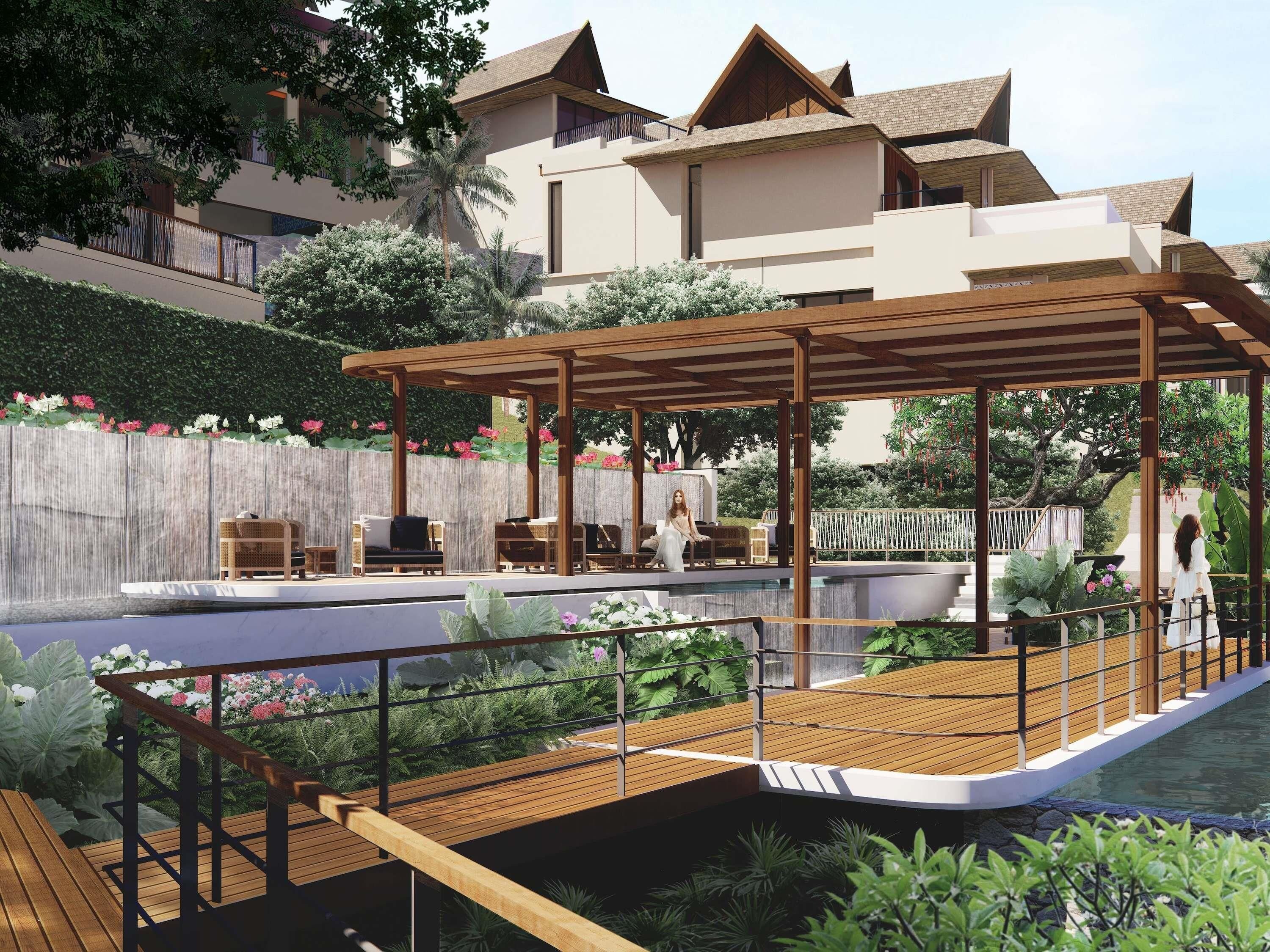 A modern outdoor pool area with a wooden deck, lounge chairs, and a covered seating area.
