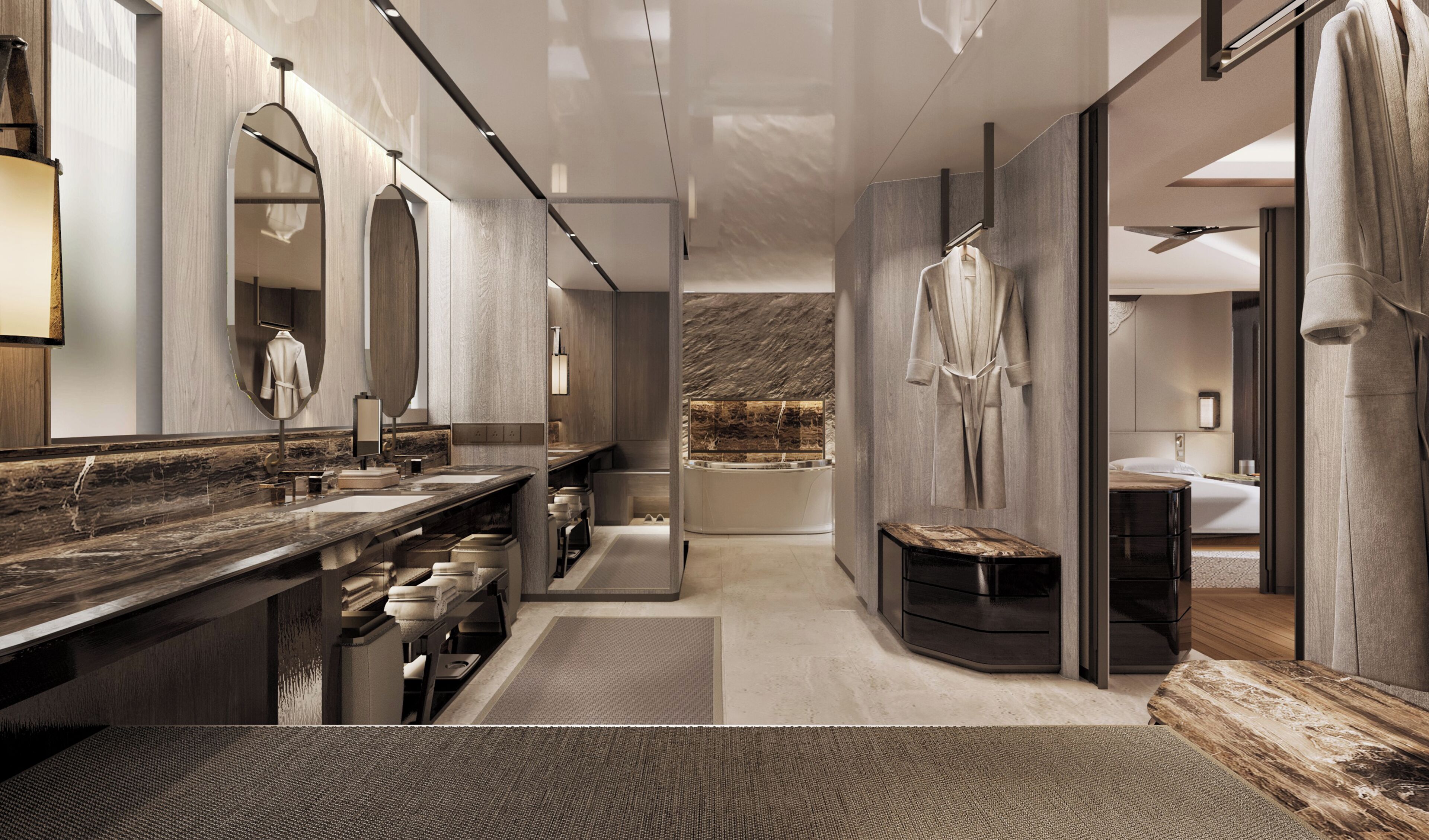 A modern bathroom with a large mirror, two sinks, a bench, and a bathtub.