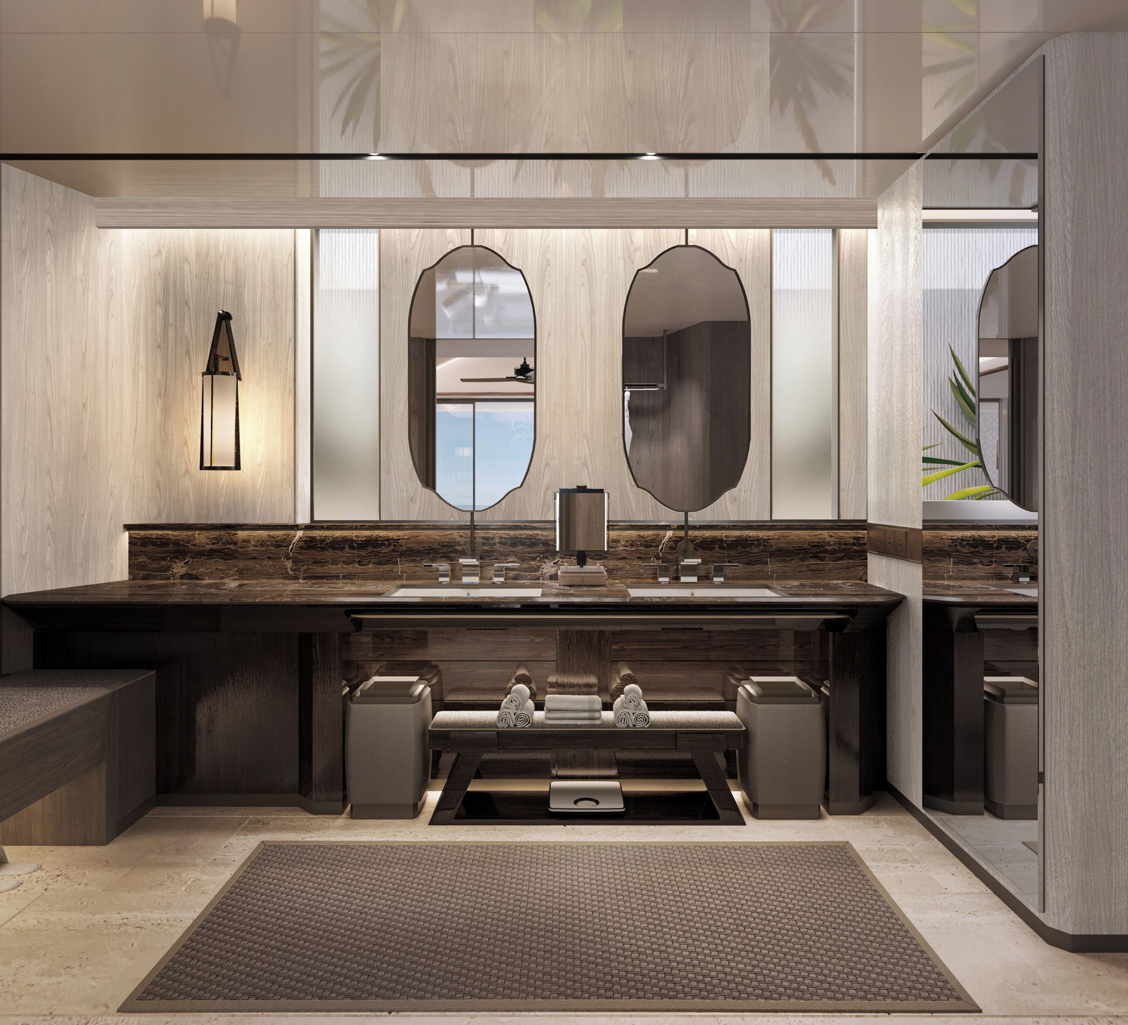 A modern bathroom with a large mirror, a wall-mounted light, and a marble countertop.