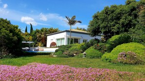 Una casa moderna con piscina, rodeada de exuberante vegetación y plantas con flores.