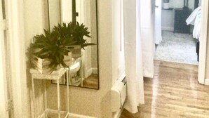 A room with a large mirror, a potted plant, and a wooden floor.