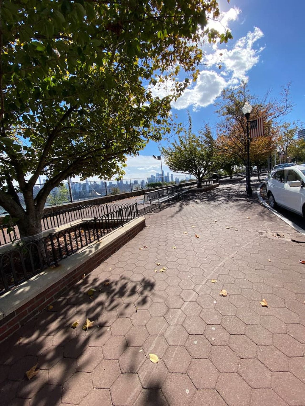 A paved walkway with a metal railing, a tree, and a parked car.
