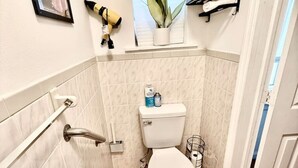 A small bathroom with a toilet, a towel rack, a window with a plant, and a framed picture on the wall.