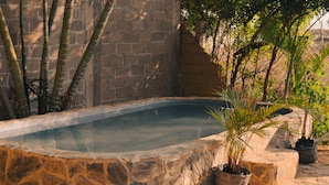 Une piscine en pierre, bordée de carreaux, entourée de murs en pierre et agrémentée de plantes en pot.