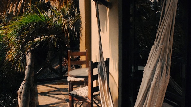 Un fauteuil suspendu sous un toit de chaume, une chaise en bois et une porte vitrée donnant sur un jardin planté de palmiers.