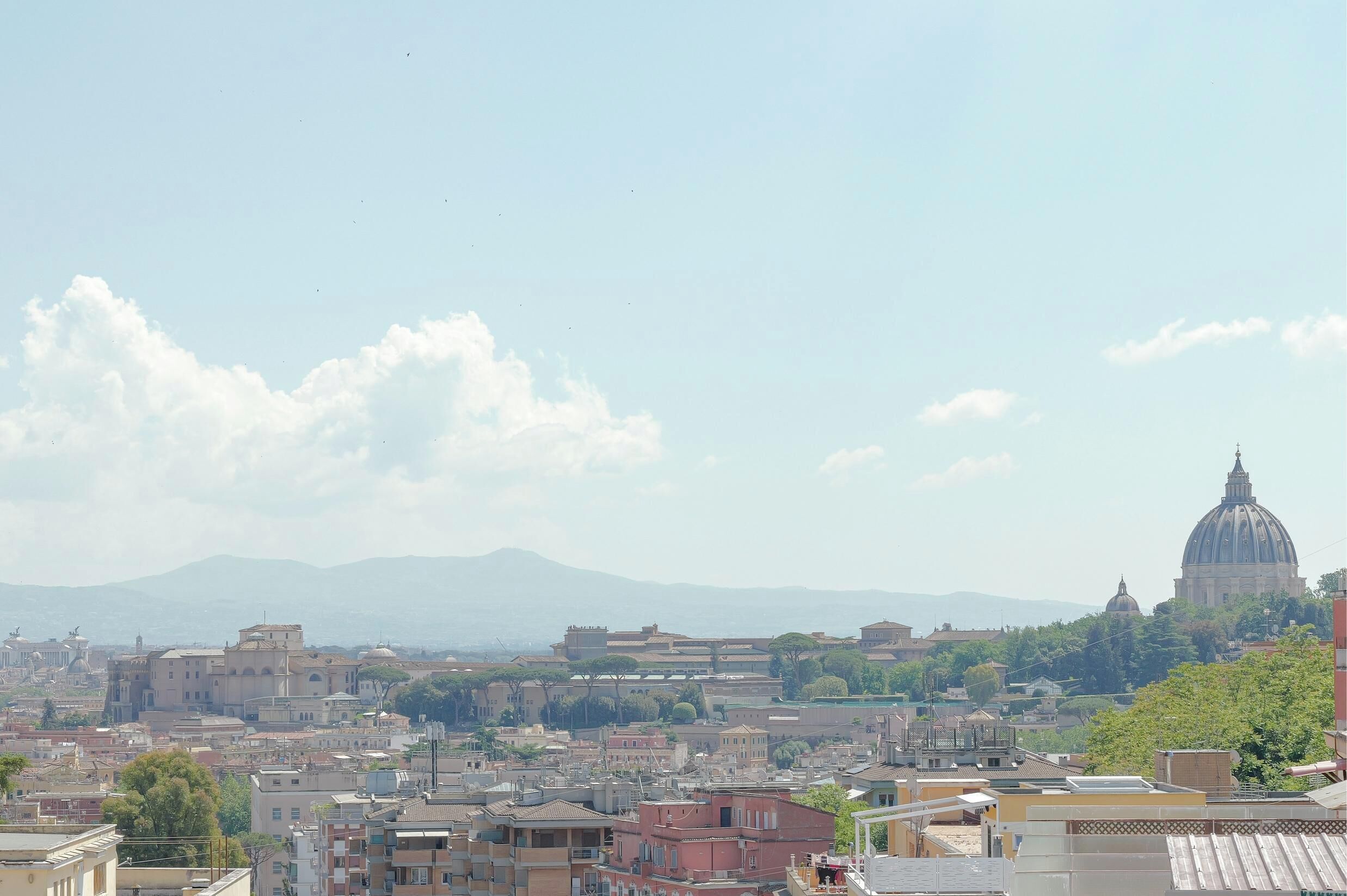 A cityscape with a prominent dome structure, various buildings, and distant mountains under a clear sky.