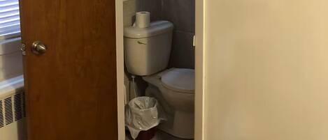 A small bathroom with a toilet, a roll of toilet paper, and a trash bin.