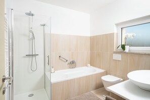 Douche, séchoir à cheveux, serviettes fournies, savon