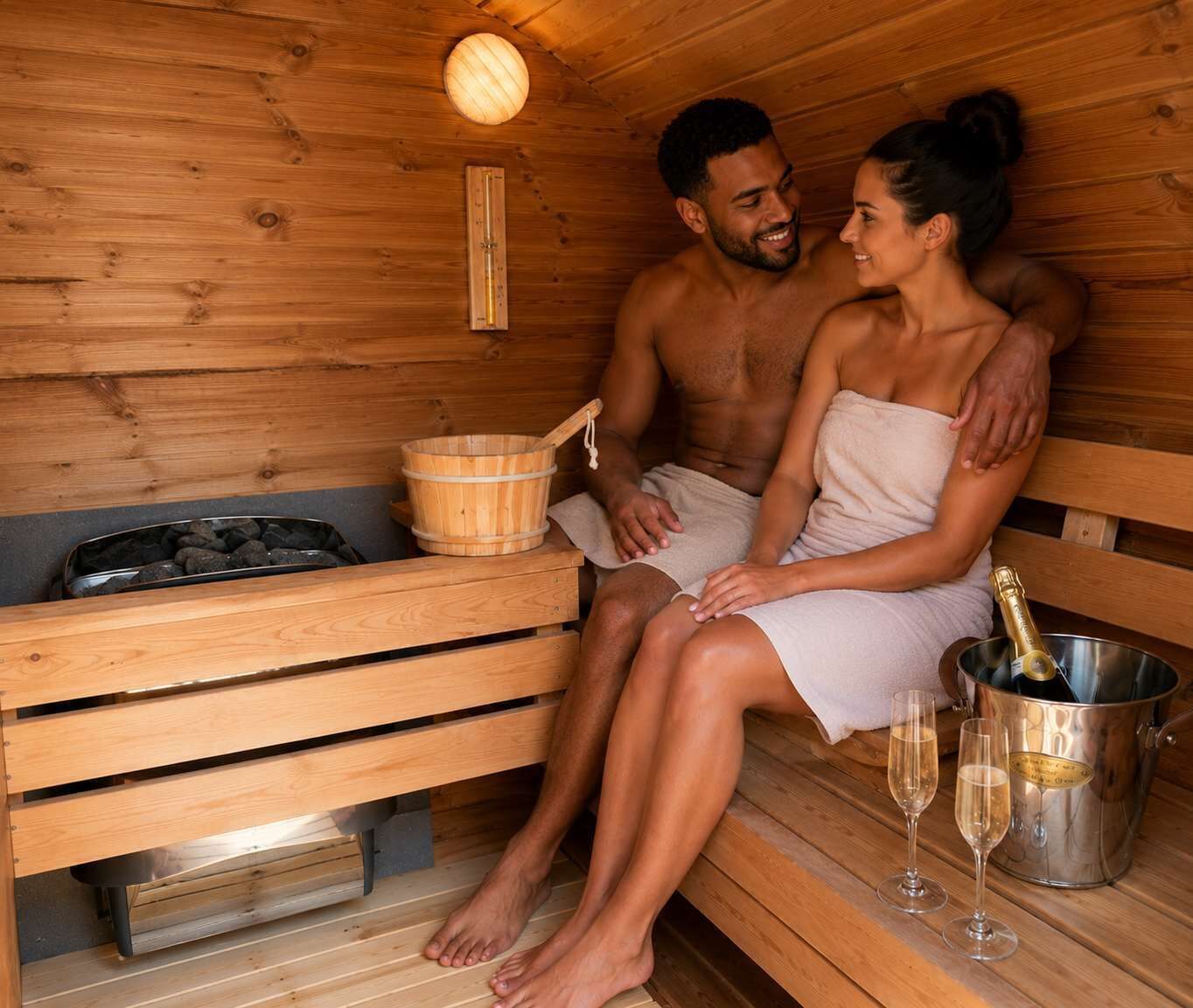 Una sauna de madera con bancos, un cubo de madera y un balde de copas de champán.