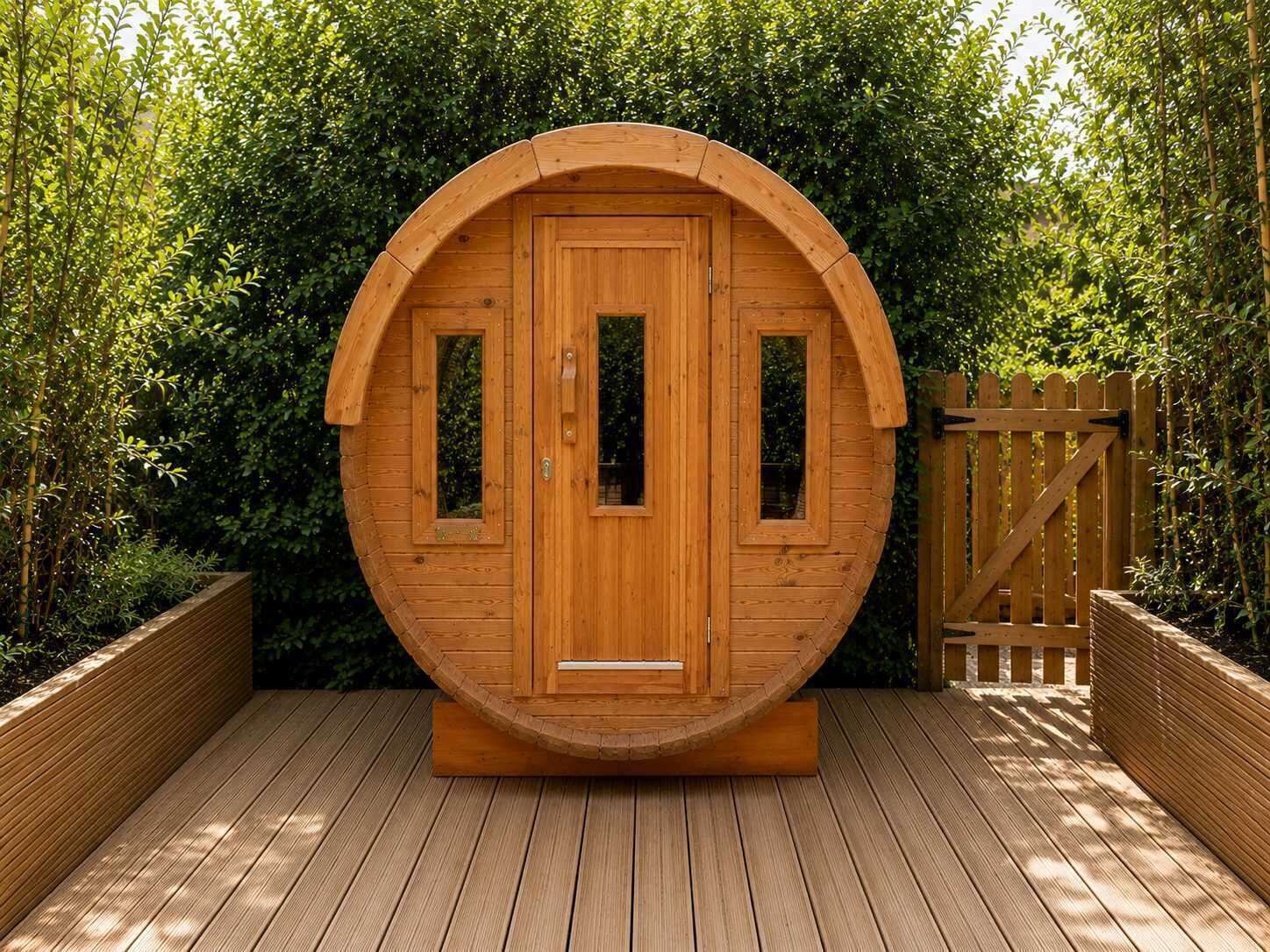 Eine Saune aus Holz mit Tür und Fenstern, umgeben von einer Holzterrasse und viel Grün.