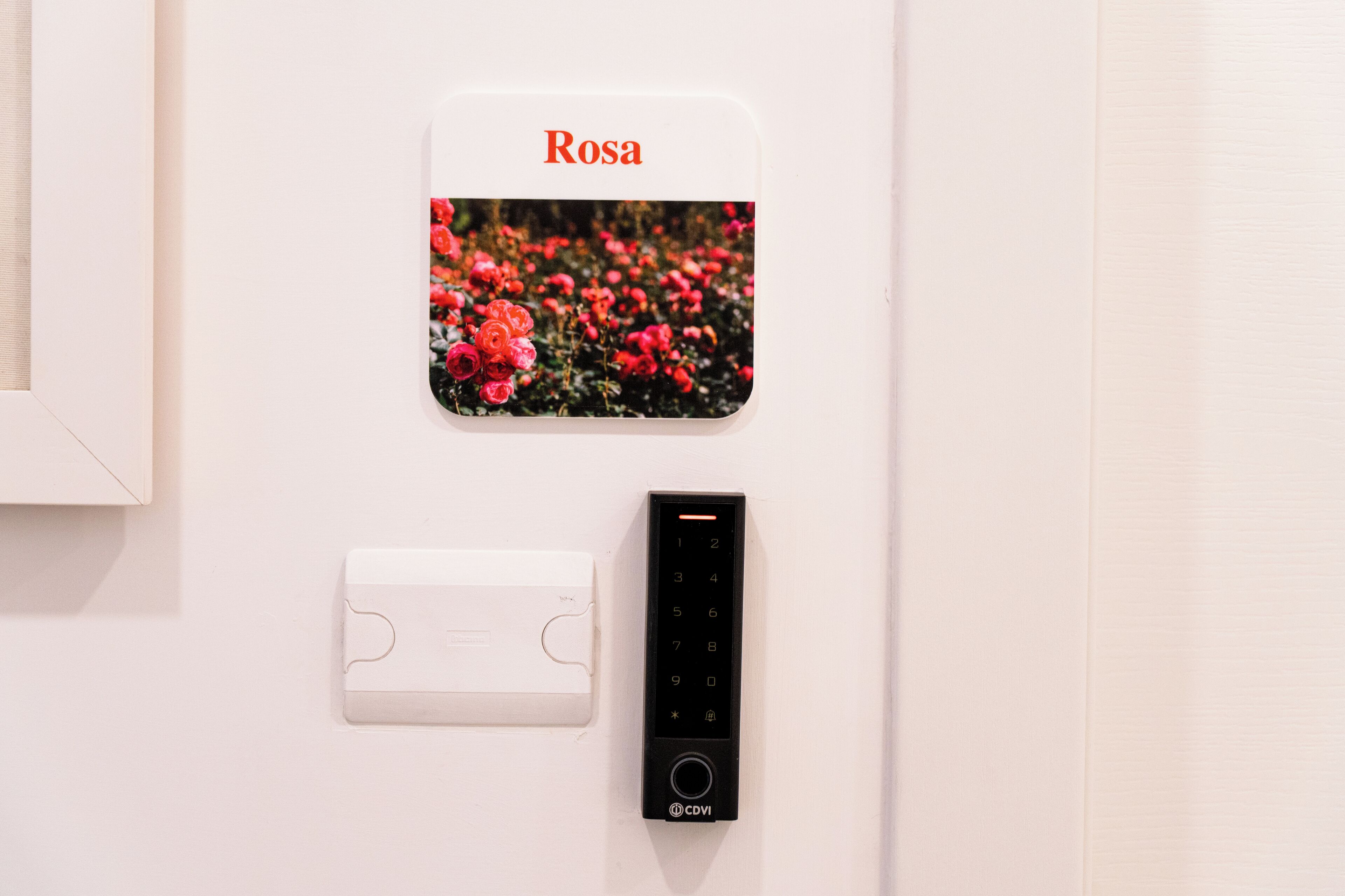 Un appareil fixé au mur, doté d’un clavier et d’un lecteur de cartes, portant l’inscription « Rosa ».