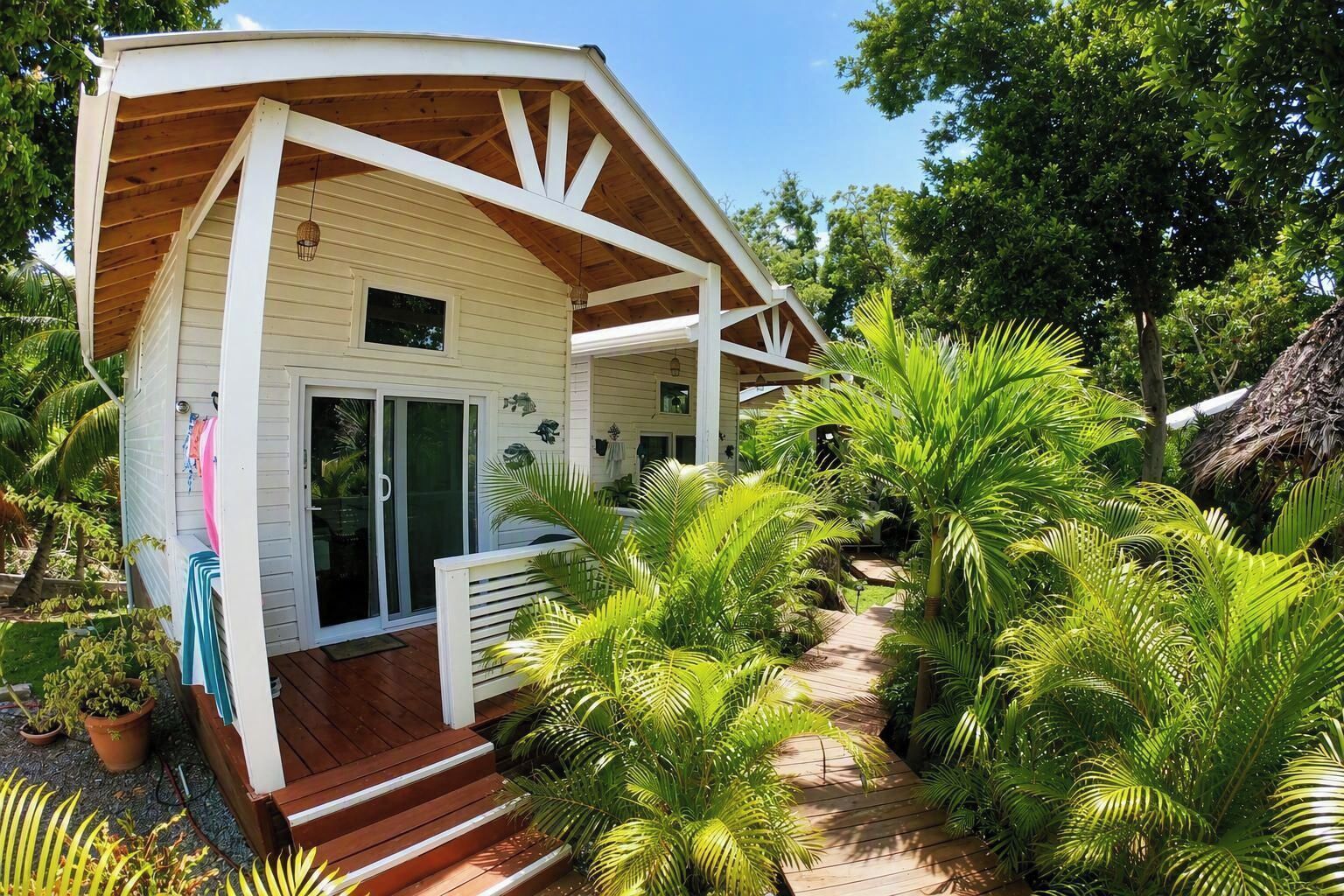 A wooden house with a porch, surrounded by lush greenery and palm trees.
