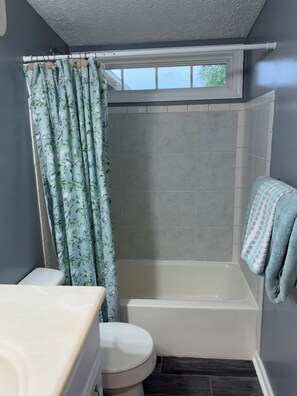 Dusche, Haartrockner, HandtĂŒcher, Toilettenpapier
