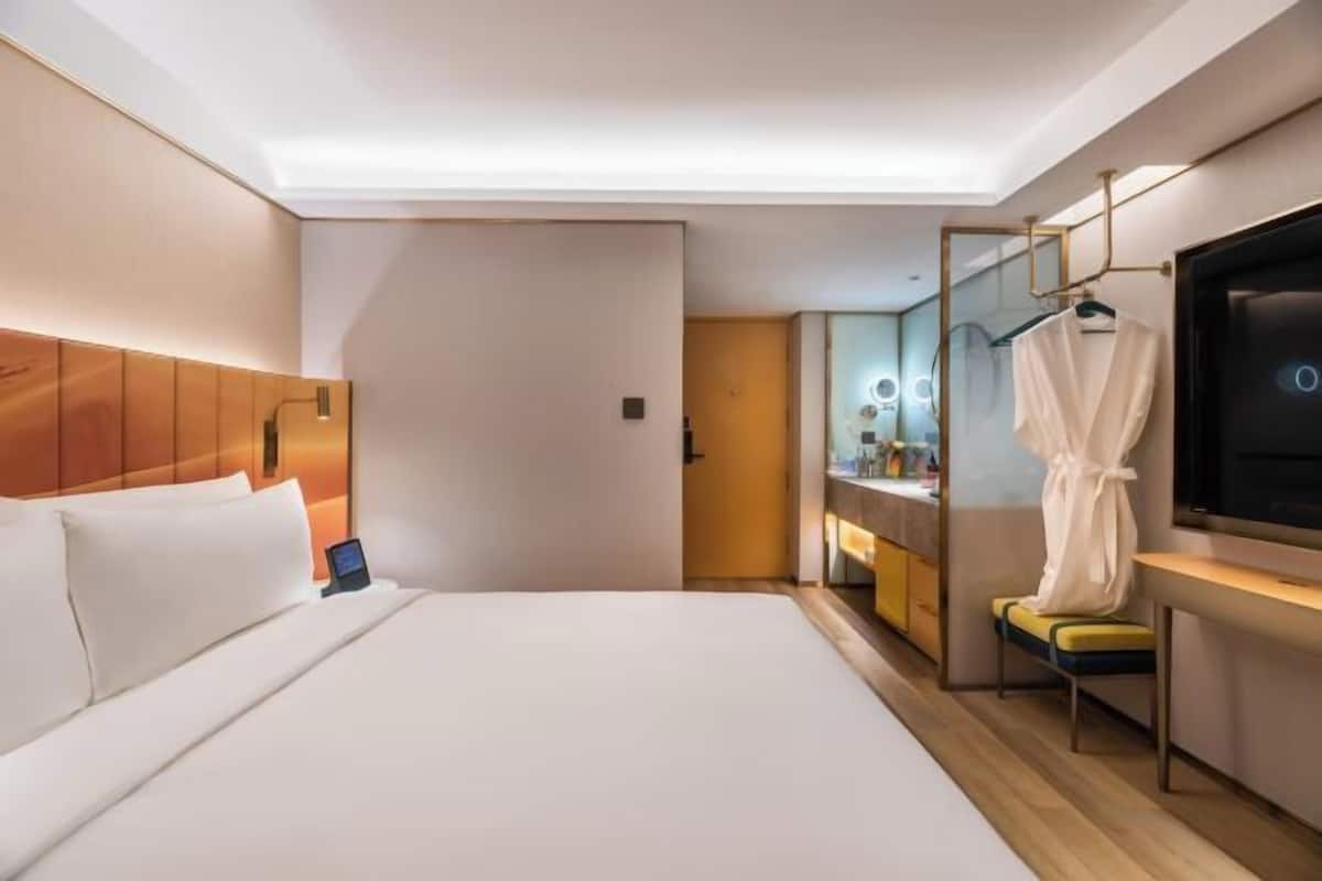 Una habitación de hotel moderna con una cama grande, una mesita de noche, un televisor, un espejo y una bata colgada en un perchero.