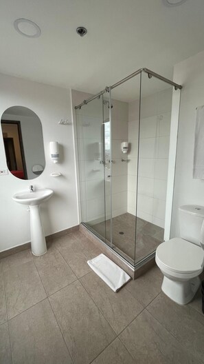 Shower, towels, soap, shampoo