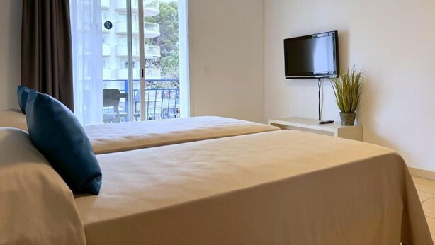 Une chambre d’hôtel avec deux lits, une télévision, un balcon et une plante en pot.