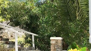 A stone staircase leading up to a covered area, surrounded by lush greenery and a stone wall. - MEGAS ROOMS (Tourlos)