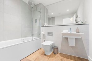 Hair dryer, towels, soap, toilet paper