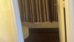 A bathroom with a striped shower curtain, a toilet, and a wooden floor.