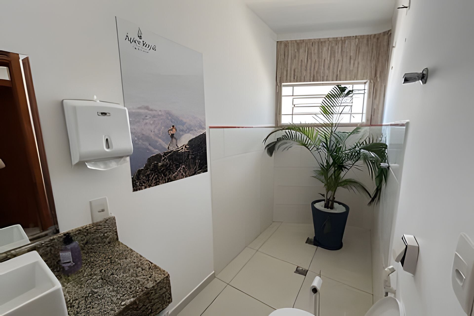 A bathroom with a shower, a toilet, a sink, a towel dispenser, a potted plant, and a poster on the wall.