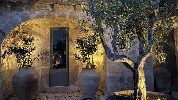 A courtyard with a stone wall, a tree, and potted plants. - Papalei La Maison (Sicilia)