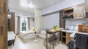 Individually decorated, individually furnished, desk, laptop workspace