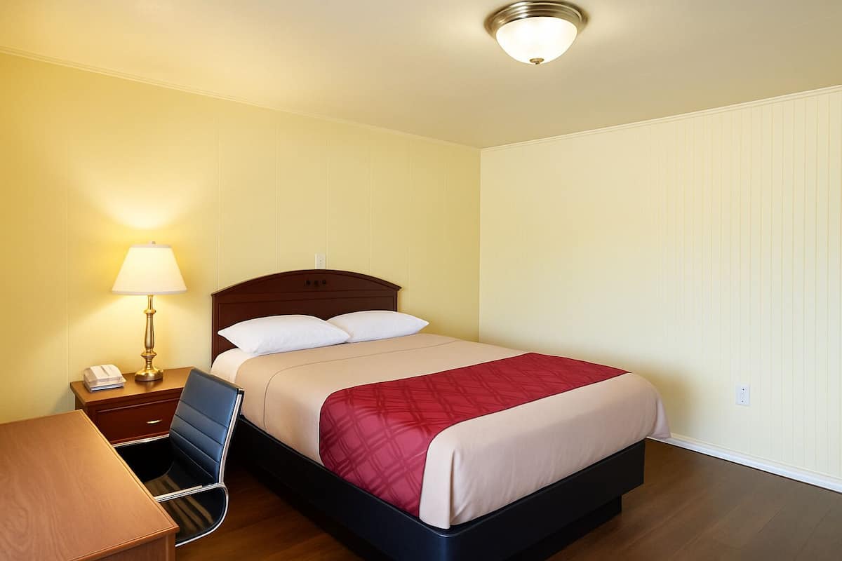 A hotel room with a bed, a desk, a lamp, and a chair.