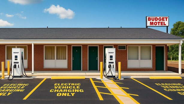 A motel with two electric vehicle charging stations and a sign indicating it's a budget motel. - Budget Motel Granite City/St Louis Area (Granite City)