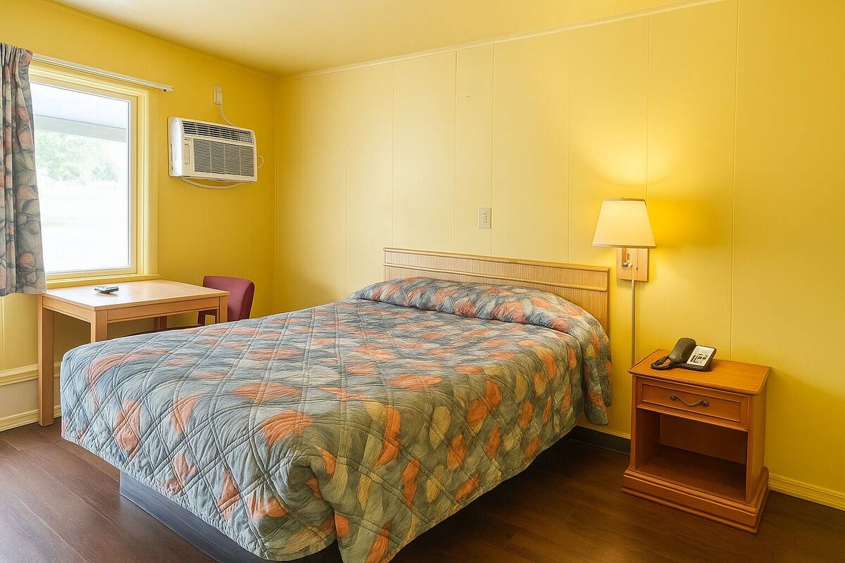 A bedroom with a bed, a desk, a chair, a bedside table with a lamp, and an air conditioning unit.
