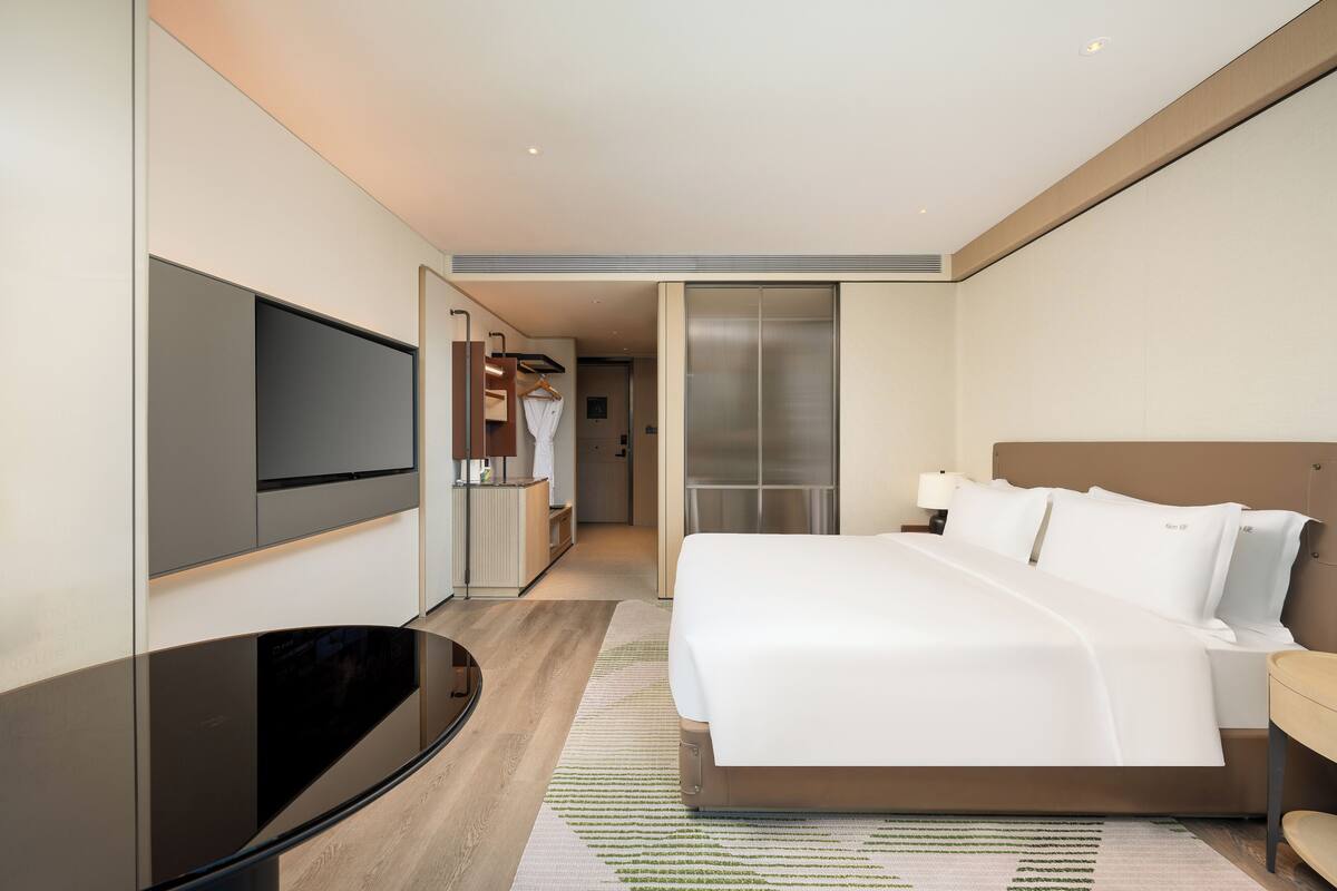 Une chambre d’hôtel moderne dotée d’un grand lit, d’un téléviseur à écran plat, d’un dressing et d’une armoire à portes coulissantes.