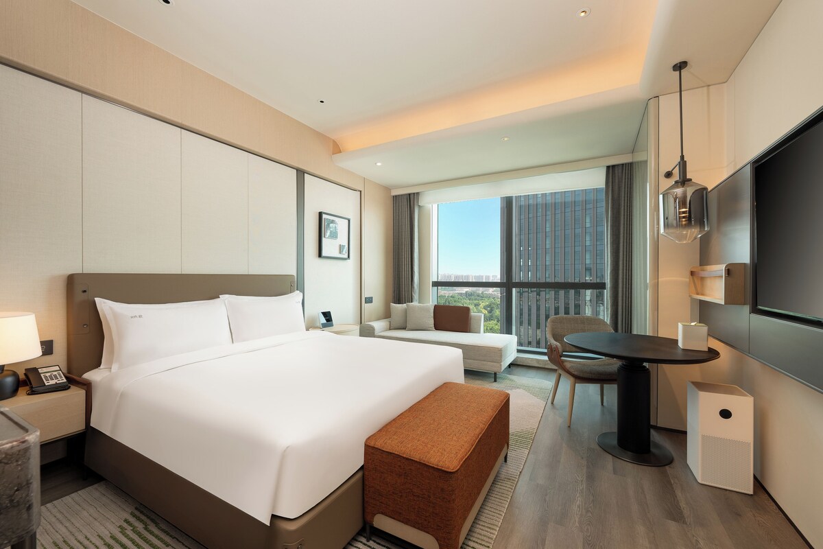 Una habitación de hotel moderna con una cama grande, un sofá, una mesa de comedor y un televisor.