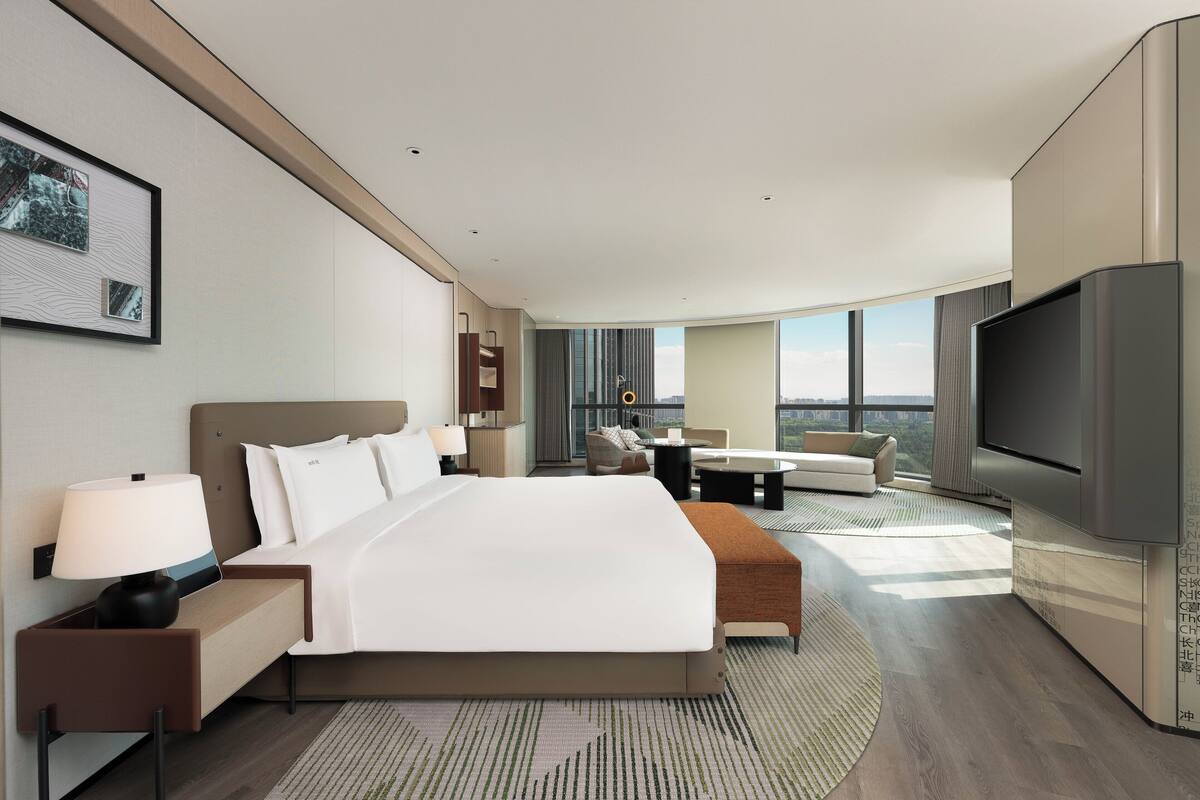 Une chambre d’hôtel moderne dotée d’un grand lit, d’une télévision, d’un canapé et offrant une vue sur la ville.