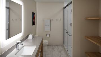 A modern bathroom with a large mirror, a sink, a toilet, and a shower.