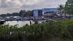 A marina with boats docked, a Freedom Boat Club building, and a restaurant named "Curry's." - Seabreeze - Charming 2-bedroom house in amazing Holiday with WiFi, AC.  (Holiday)