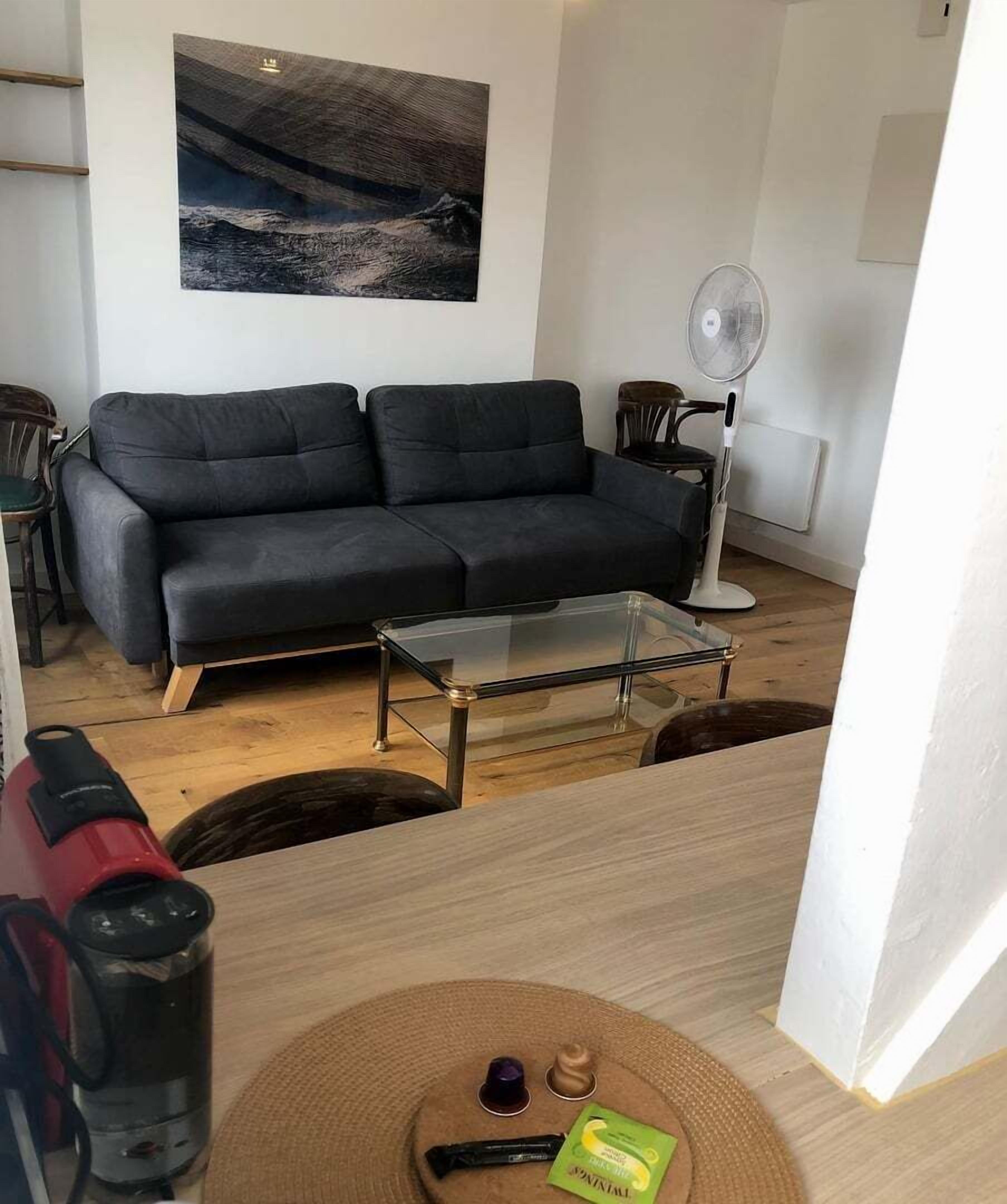A living room with a dark grey sofa, a glass coffee table, a standing fan, and a painting on the wall.