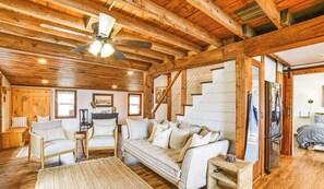 Smart TV, fireplace, books, video library