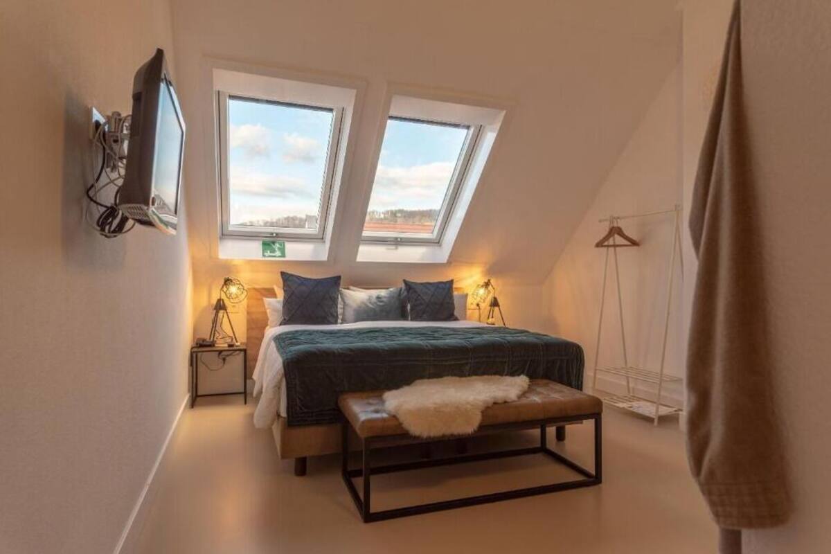 A bedroom with a bed, two skylights, a bench, a TV, and a coat rack.