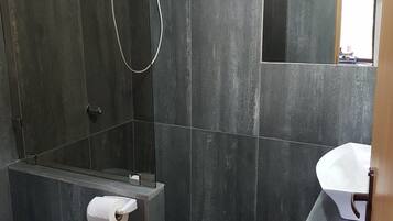 Shower, towels, soap, toilet paper